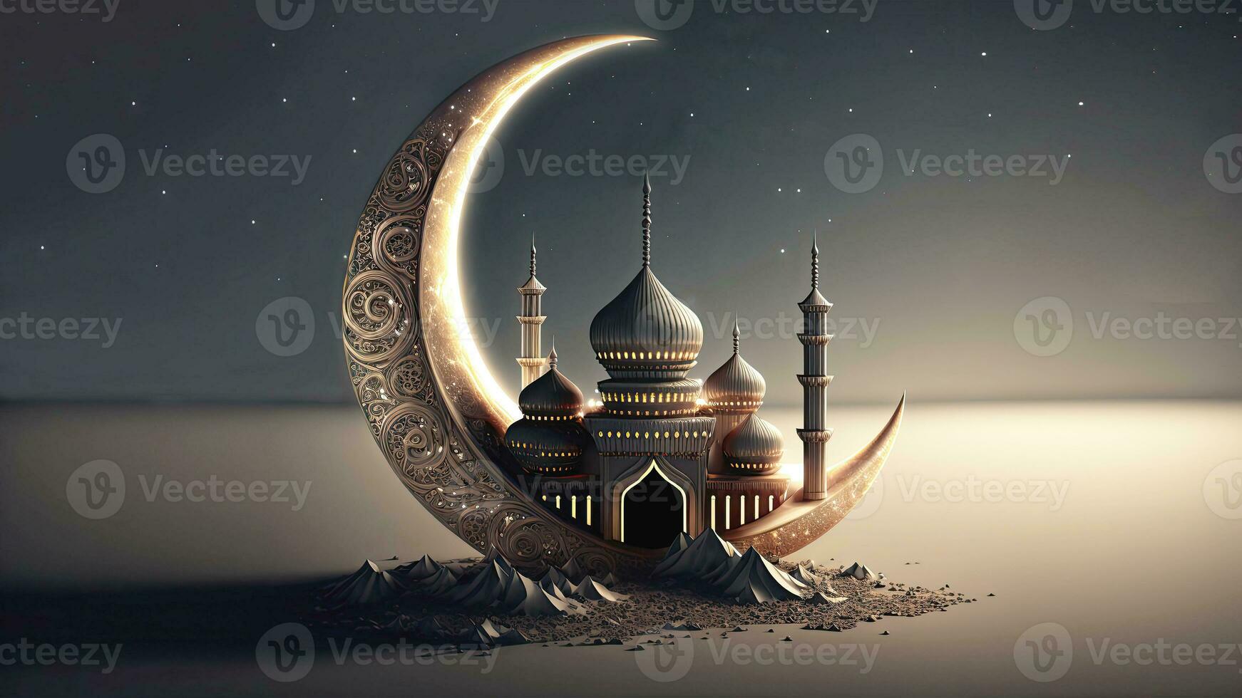 3D Render of Shiny Exquisite Crescent Moon With Carved Mosque On Night Background. Islamic Religious Concept. photo