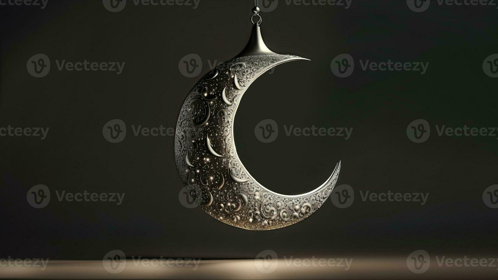 3D Render of Silver Exquisite Crescent Moon Hang On Black Background. Islamic Religious Concept. photo
