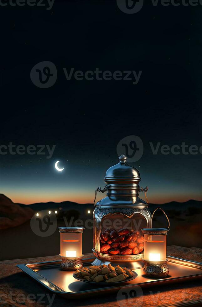 3D Render of Arabic Dates Pot With Lit Lanterns, Snack On Tray At Night Time. Islamic Religious Concept. photo