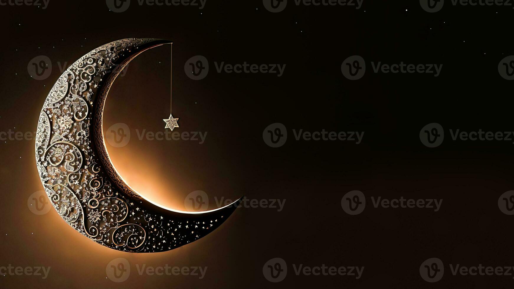 3D Render of Beautiful Carved Crescent Moon With Hanging Star On Dark Background. Islamic Religious Concept. photo