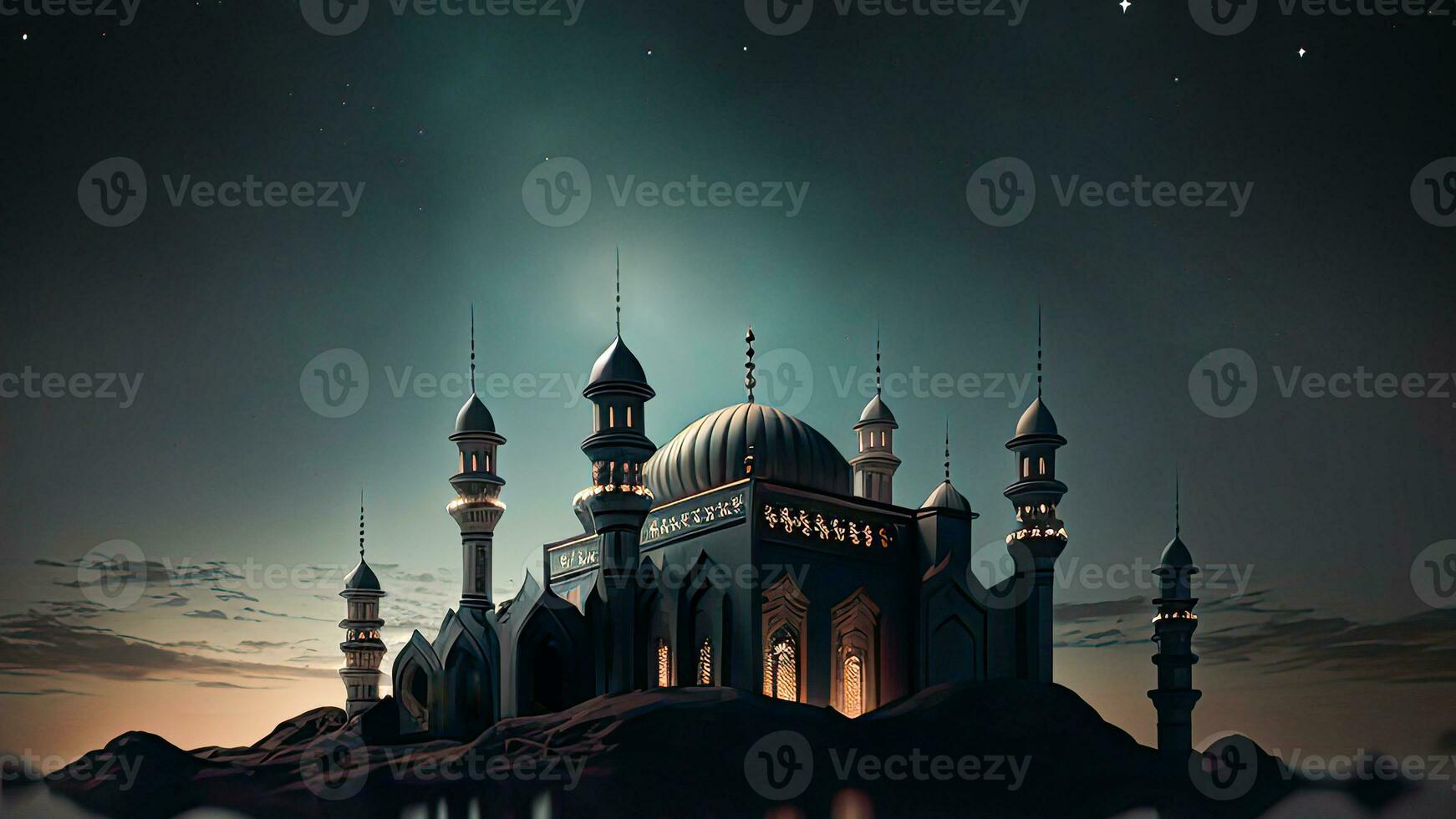 View of Mosque In Starry Night, Mosque Reflection In The Water. Islamic Religious Concept. 3D Render. photo
