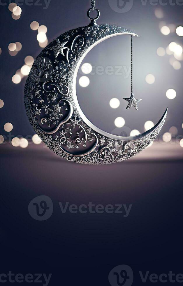 3D Render of Exquisite Crescent Moon And Hanging Star On Bokeh Background. Islamic Religious Concept. photo