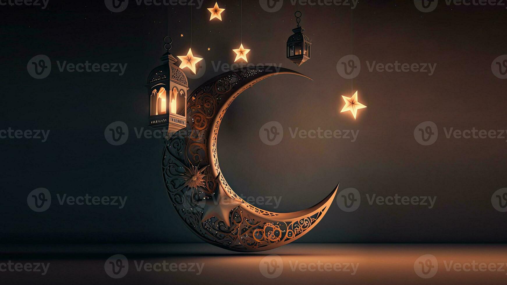 3D Render of Exquisite Crescent Moon With Hanging Illuminated Arabic Lanterns, Shiny Stars Decorated Background. Islamic Religious Concept. photo