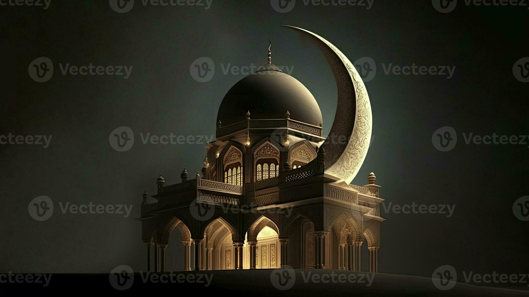 3D Render of Exquisite Mosque And Crescent Moon On Dark Background. Islamic Religious Concept. photo