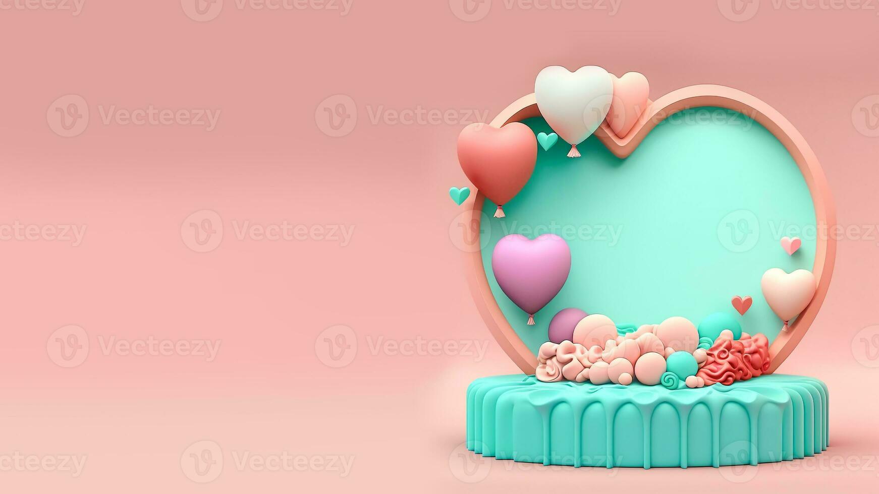 3D Rendering of Heart Shape Frame With Podium, Balloons And Decorative Elements. photo