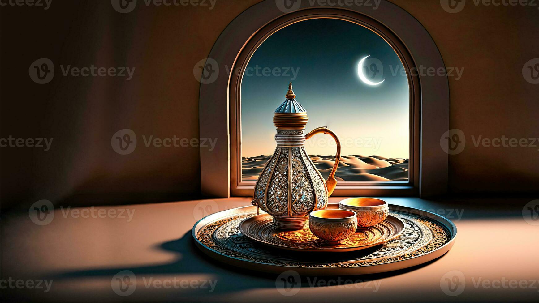 3D Render Of Arabic Jug With Bowls On Plate And Crescent Moon Inside Window. Islamic Religious Concept. photo