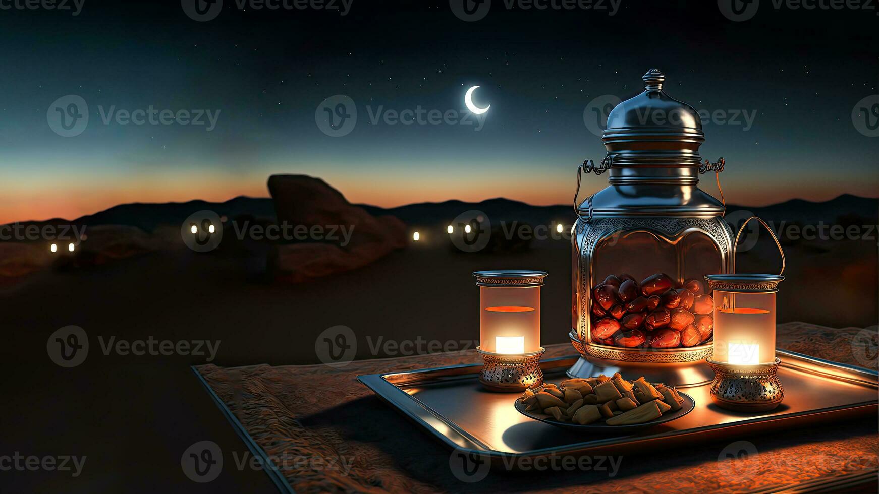 3D Render of Arabic Dates Pot With Lit Lanterns, Snack On Tray At Night Time. Islamic Religious Concept. photo