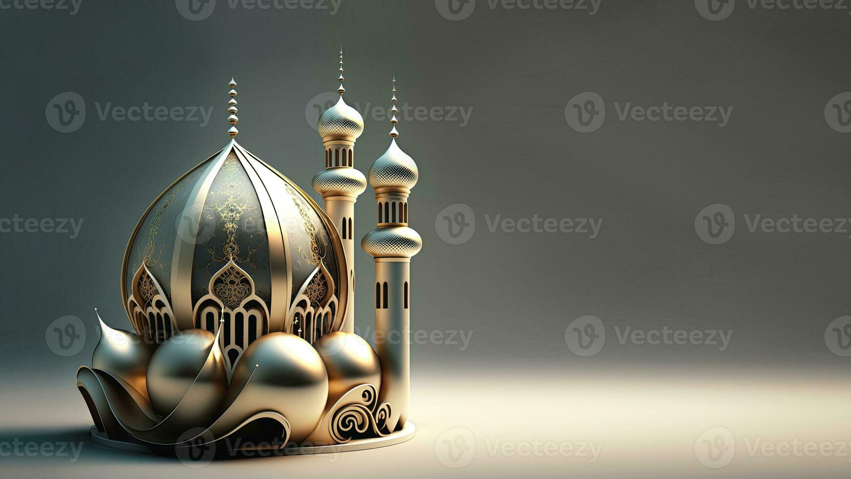 3D Render of Exquisite Mosque On Glossy Background. Islamic Religious Concept. photo
