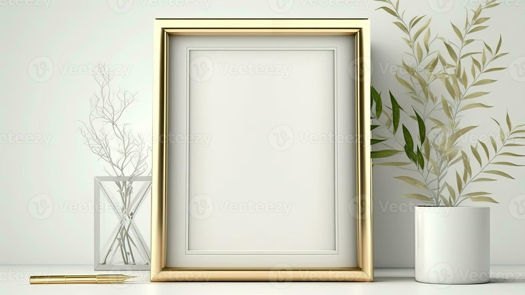 3D Render of Image Placeholder Frame With Golden Pen, Plant Pots Mockup. photo