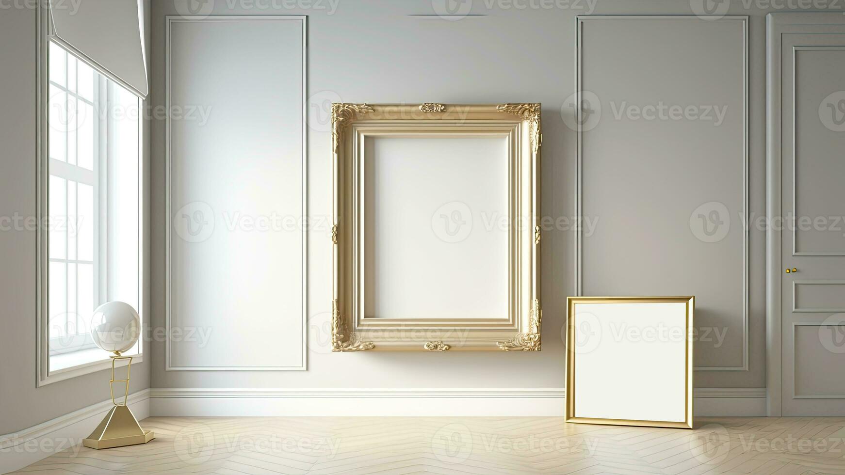 3D Render of Golden Vintage Frames With Image Placeholder On Interior Wall Panels And Window Mockup. Concept of Living Room or Hall. photo