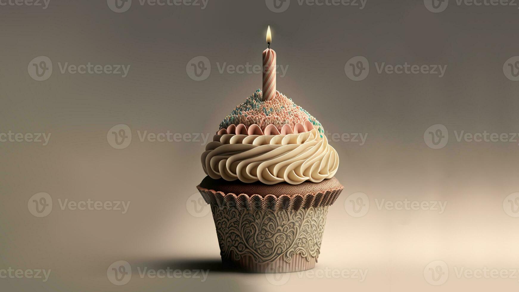 Colorful Cupcake With Lit Candle. 3D Rendering. photo