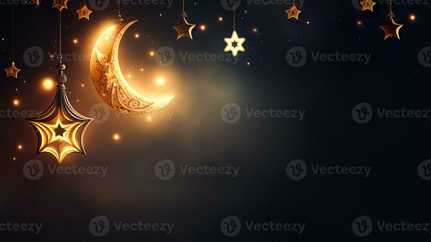 3D Render of Lighting Golden Crescent Moon And Hanging Stars On Dark Background. Islamic Religious Concept. photo