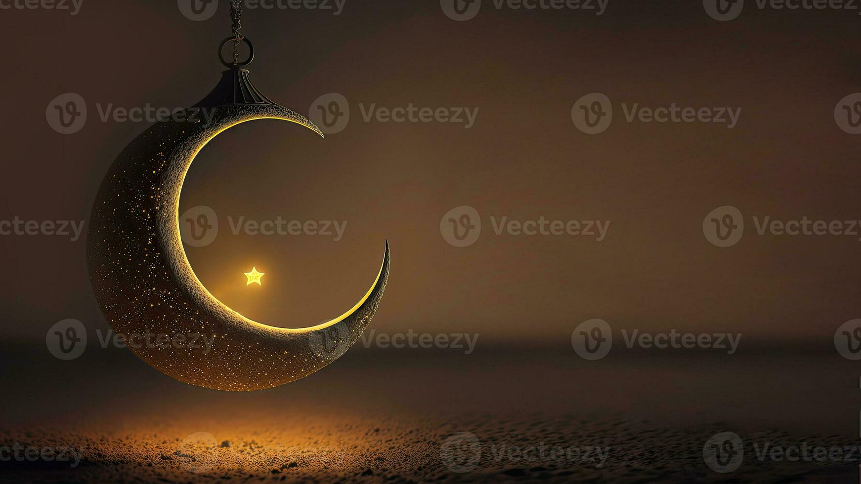 3D Render of Dispersion Effect Hanging Crescent Moon On Dark Background. Islamic Religious Concept. photo