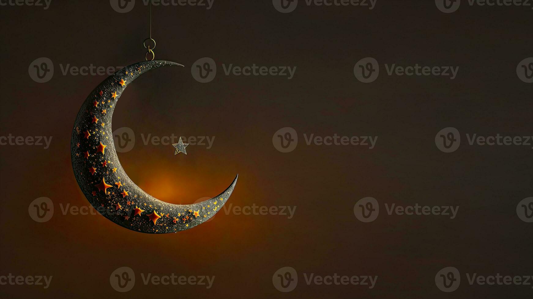 3D Render of Beautiful Hanging Carved Moon With Shiny Star On Dark Background. Islamic Religious Concept. photo