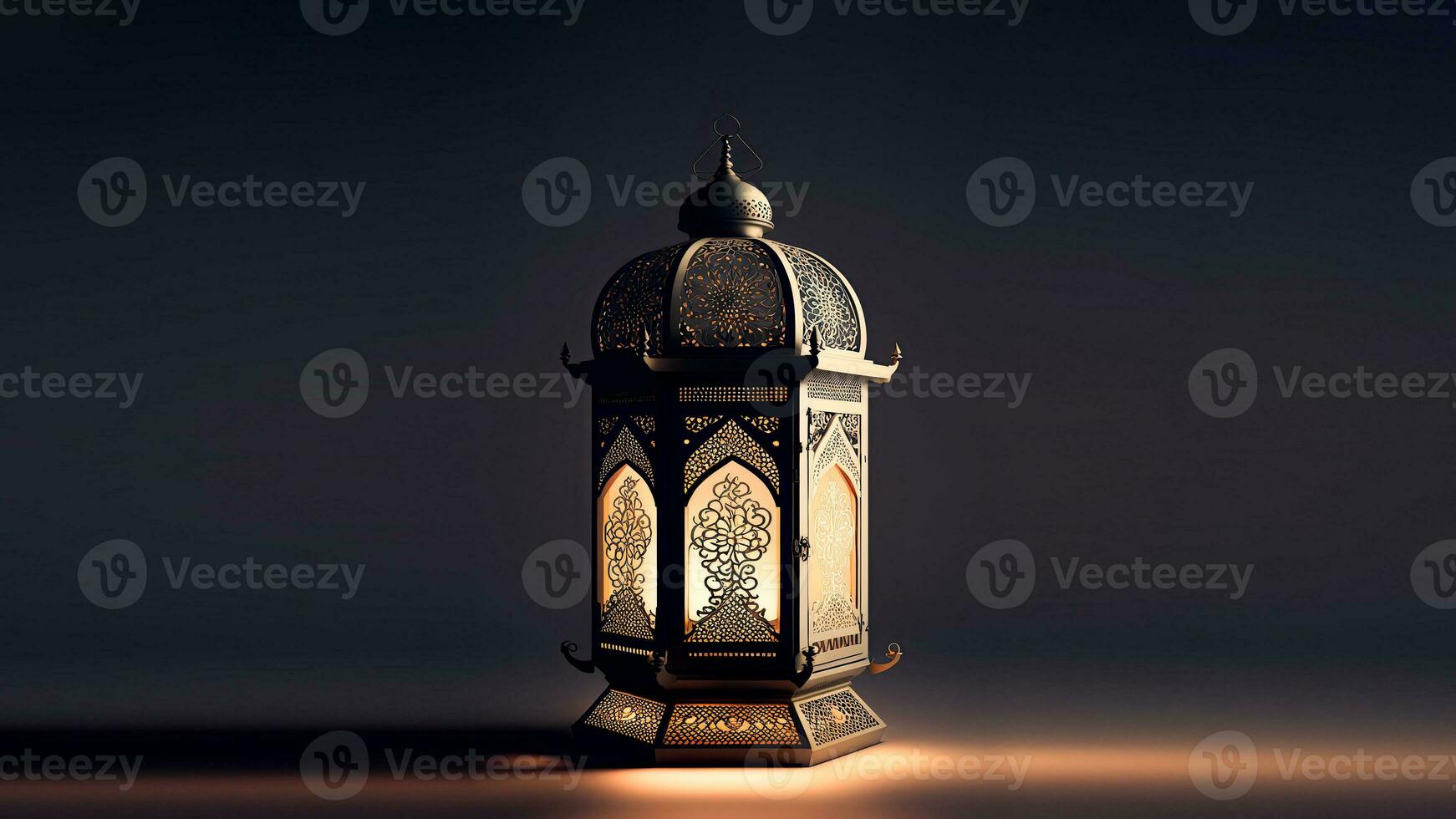 Realistic Illuminated Arabic Lantern On Background. Islamic Religious Concept. 3D Render. photo