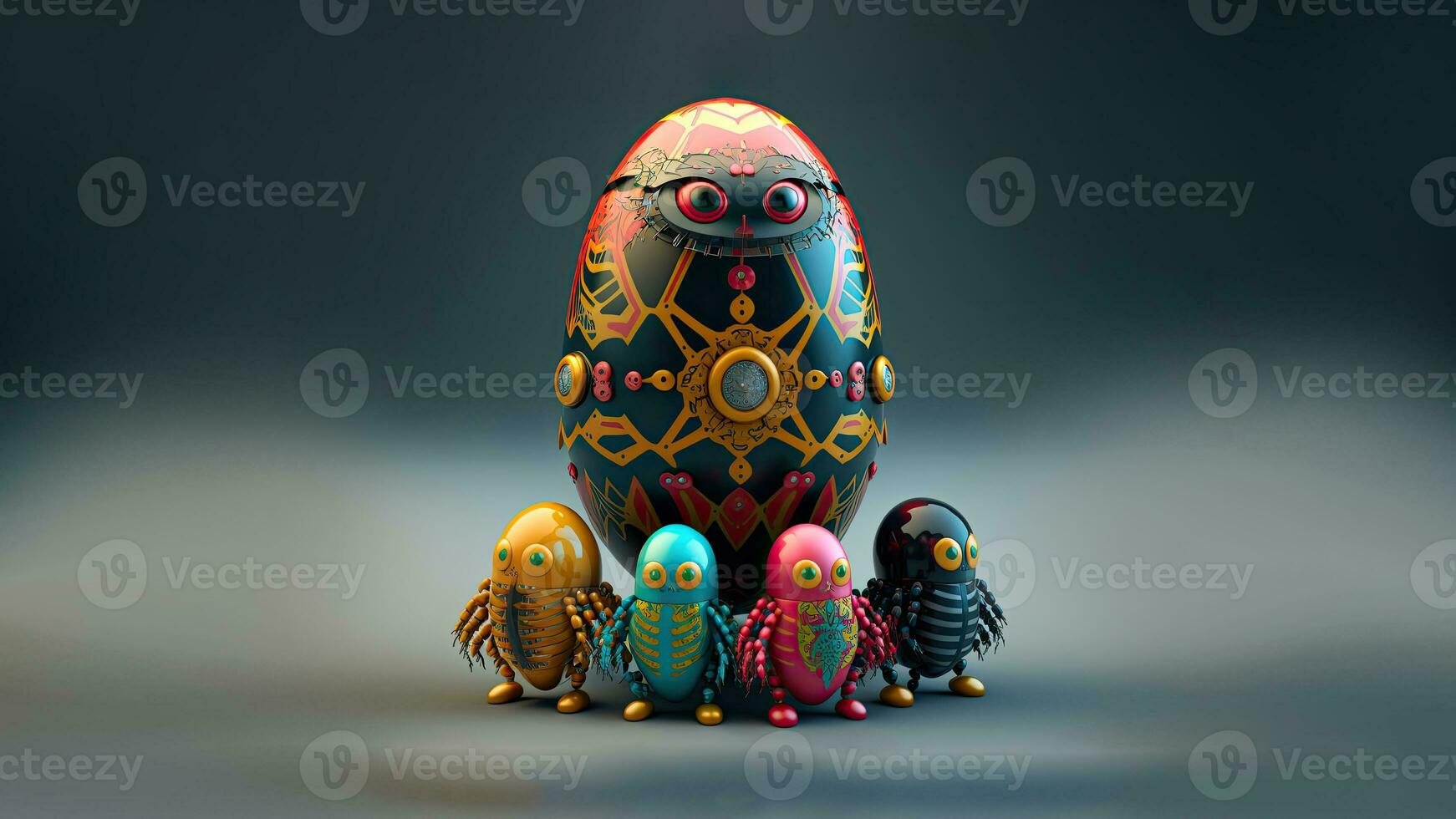 3D Render Of Scary Egg Shape Robots Characters Against Slate Background And Copy Space. photo