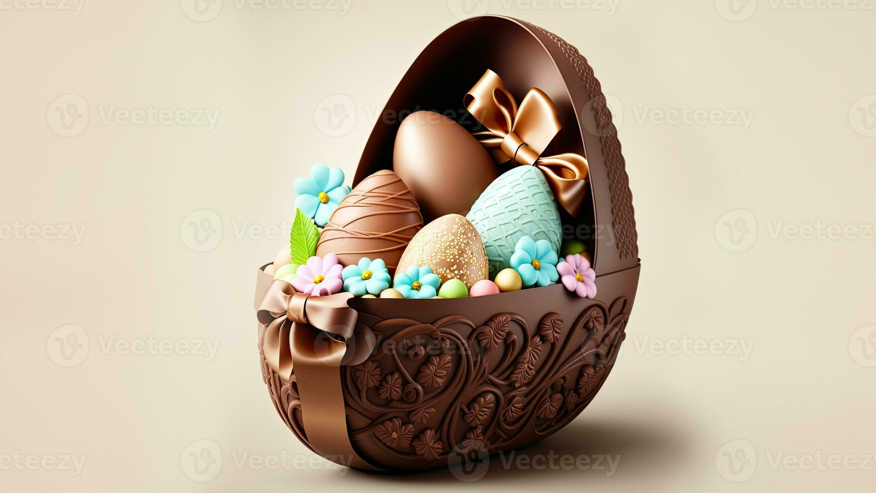3D Render of Colorful Egg Shapes With Flowers Inside Open Box With Brown Silk Ribbon Against Cosmic Latte Background And Copy Space. Happy Easter Day Concept. photo