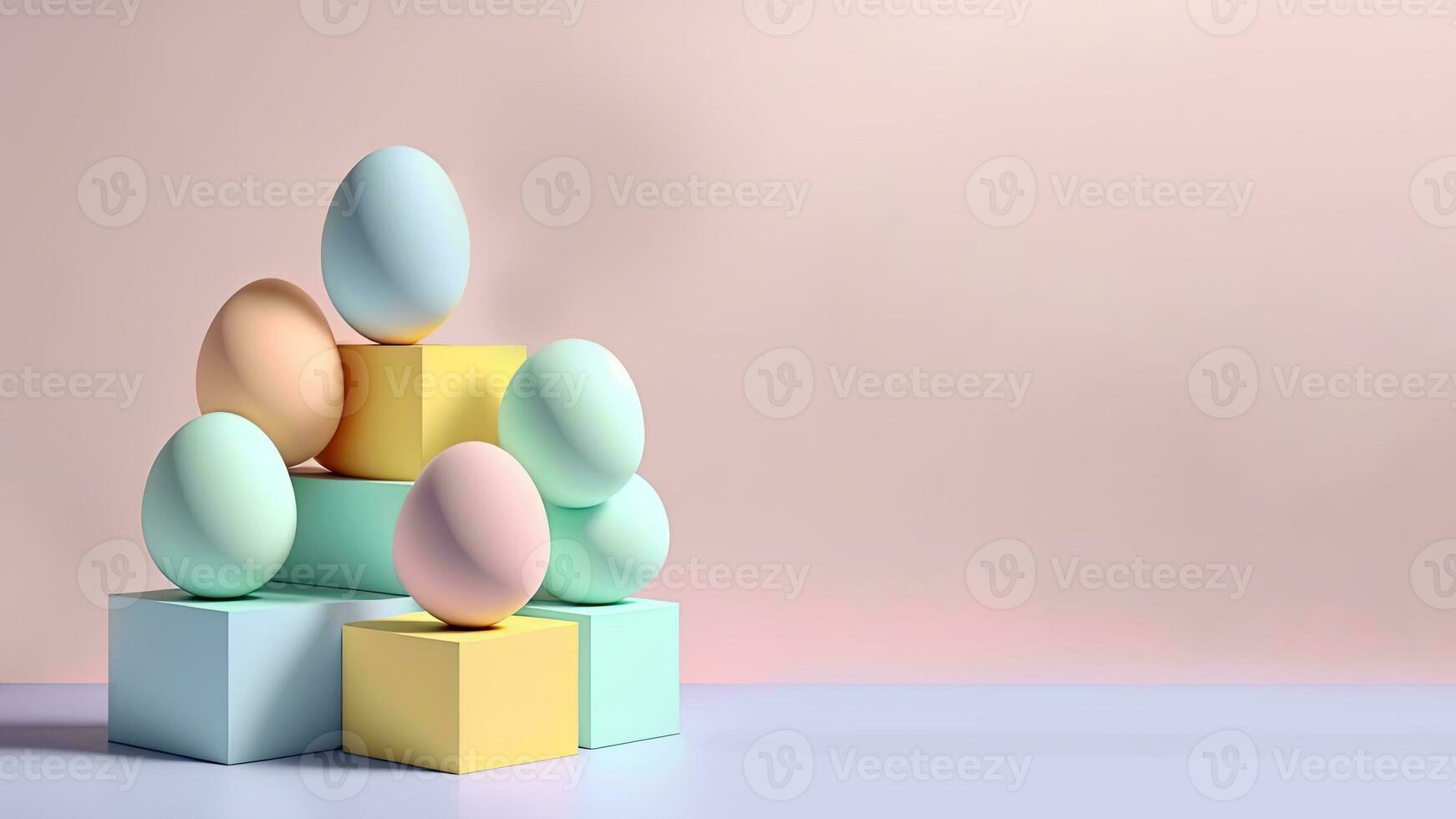 3D Render of Soft Color Eggs On Podium And Copy Space. Happy Easter Day Concept. photo