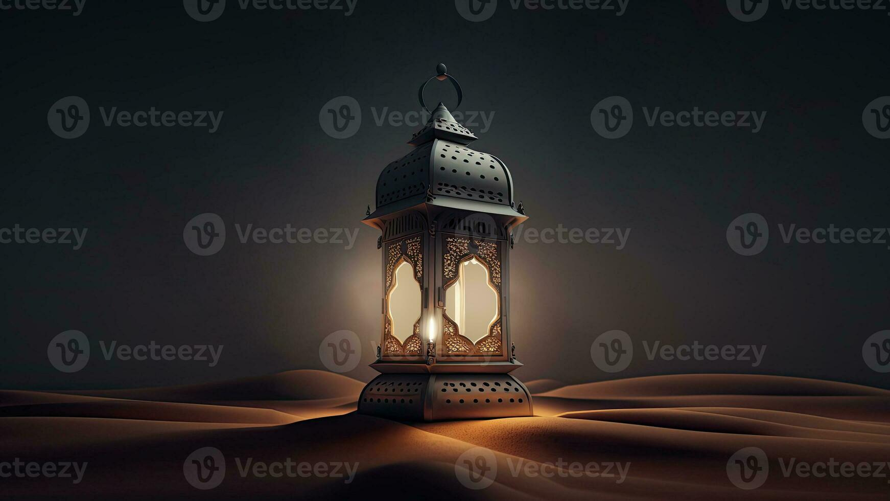 3D Render of Illuminated Arabic Lamp On Sand Dune. Islamic Religious Concept. photo