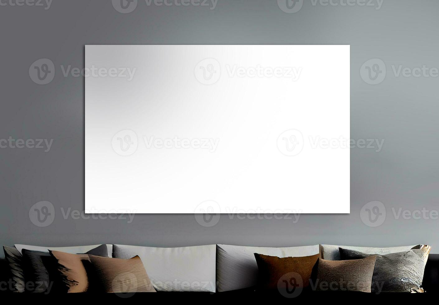 Blank White Canvas or Frame Mockup And Cushions On Lounger Sofa. 3D Rendering. photo