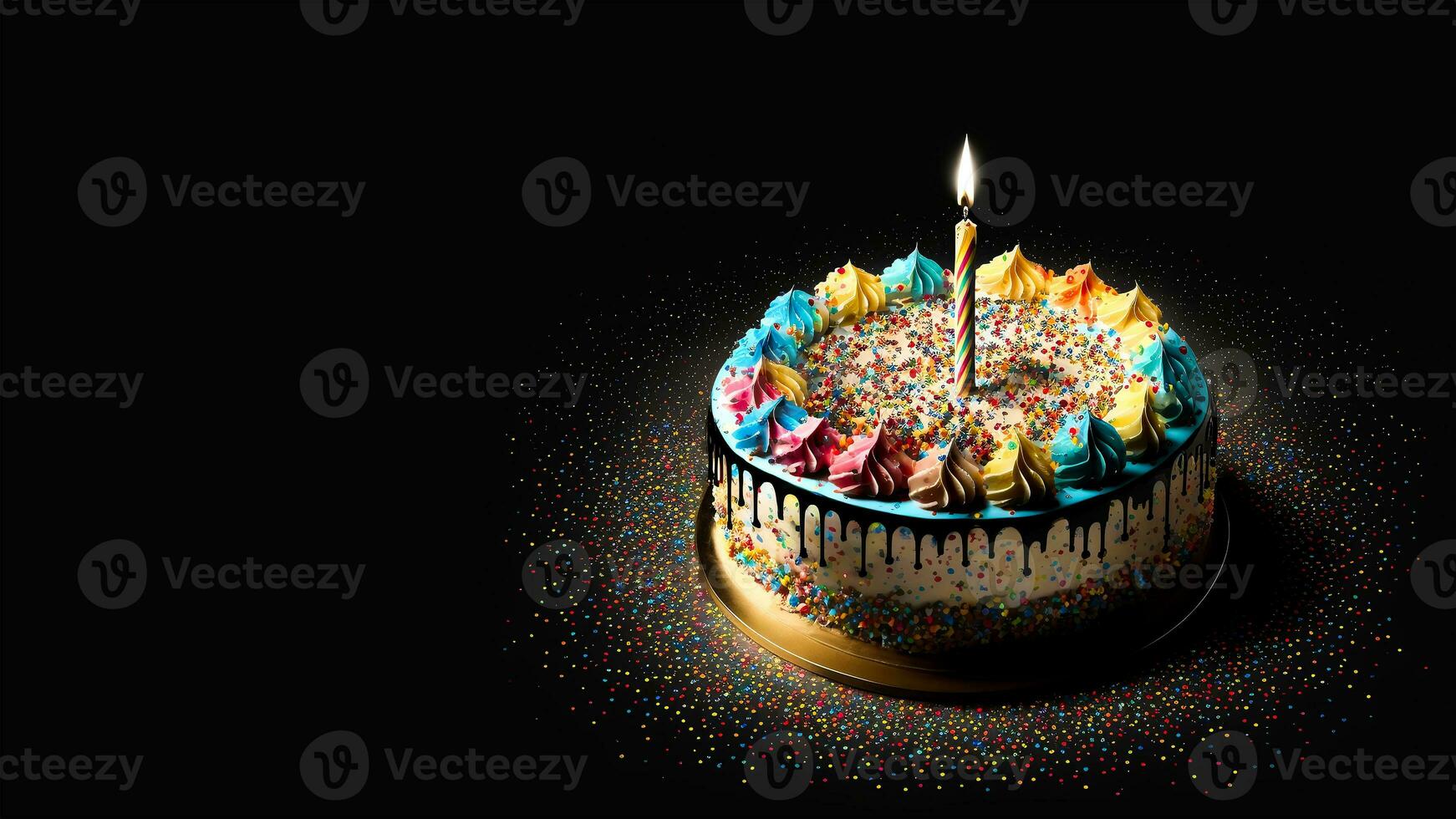 3D Render Of Realistic Colorful Sprinkles Cake With Lit Candle On Black Background. photo