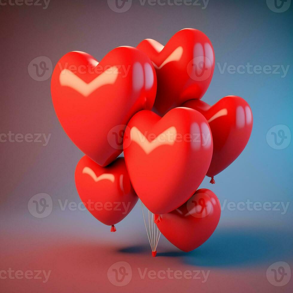 Realistic Red Glossy Heart Shape Balloons. 3D Rendering. photo