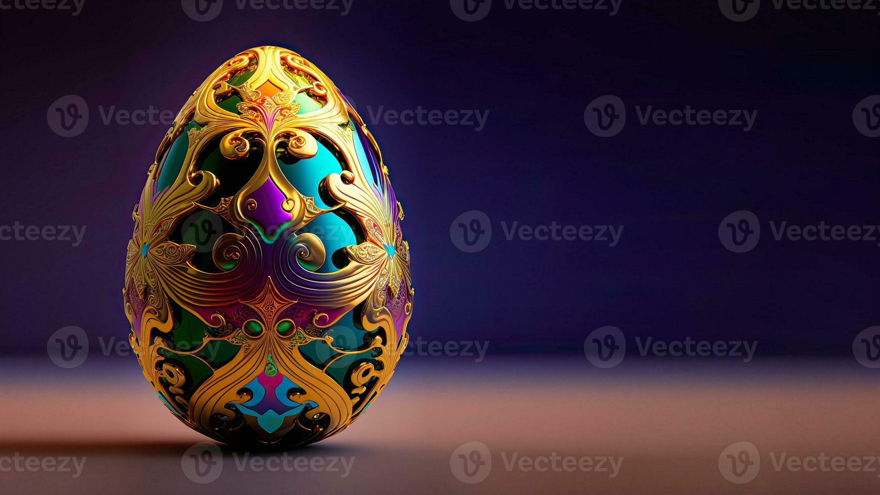 3D Render of Colorful Paper Floral Egg On Brown And Purple Background And Copy Space. photo