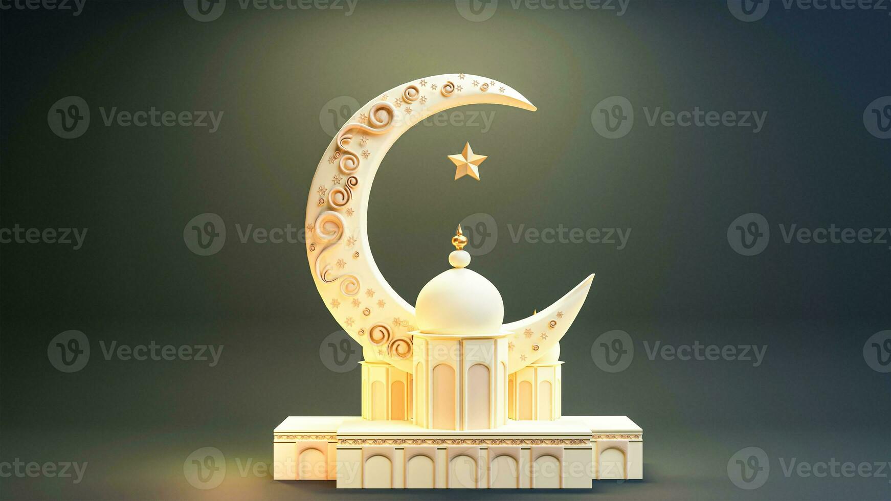 3D Render of Mosque With Crescent Moon And Star On Grey Background. Islamic Religious Concept. photo