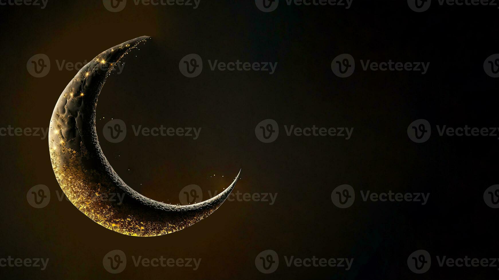 Hanging Exquisite Crescent Moon On Dark Background. 3D Render. Islamic Festival Concept. photo