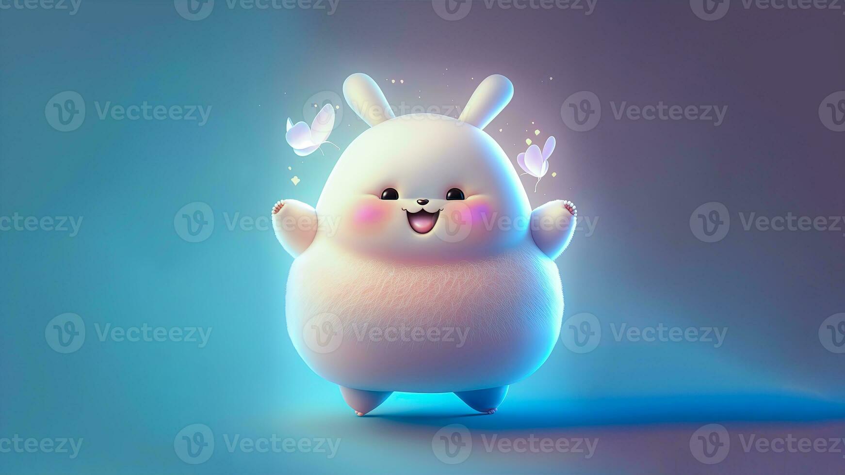 3D Render of Playing Rabbit With Butterflies Character On Shiny Blue And Purple Gradient Background And Copy Space. photo