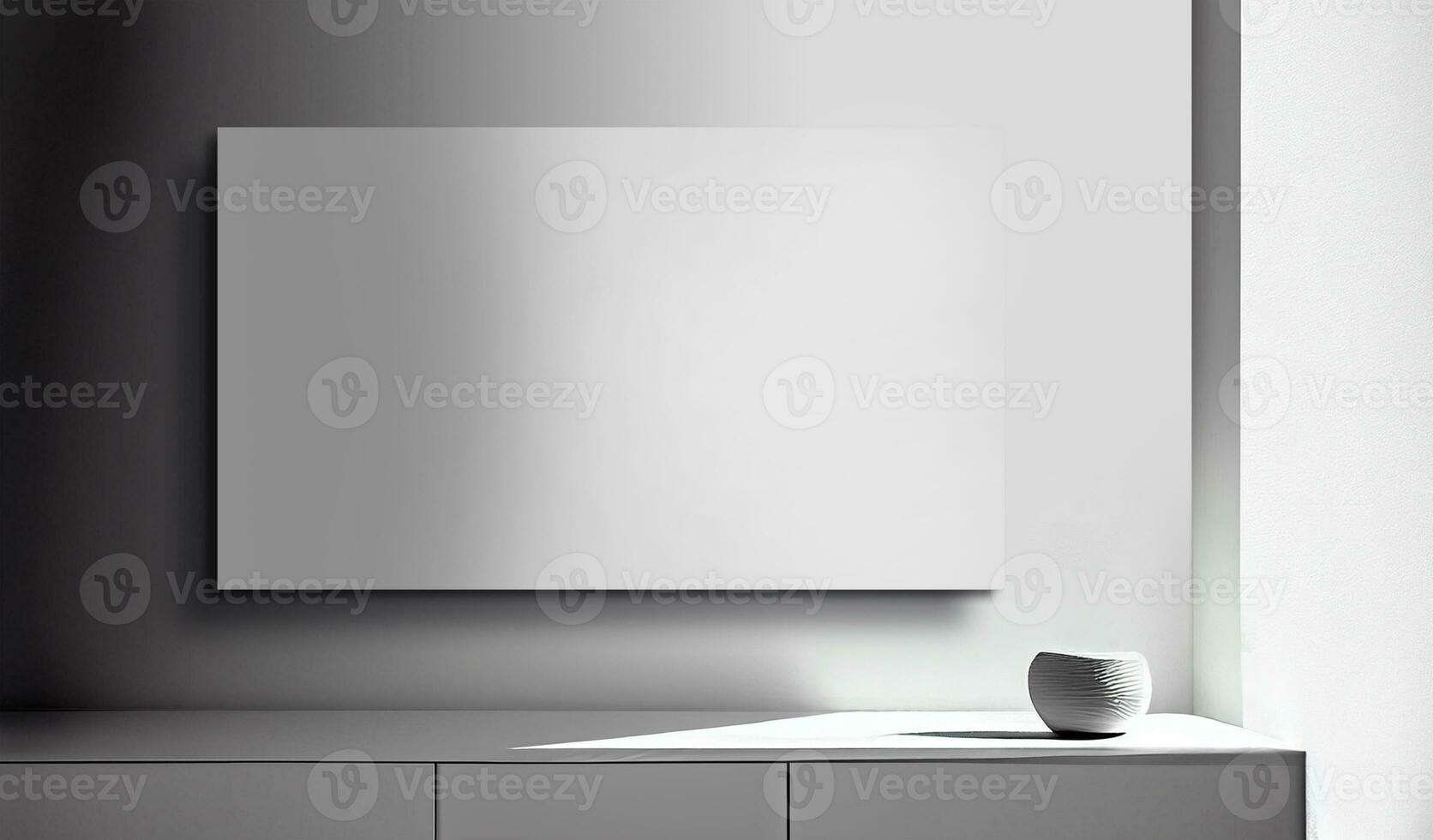 3D Render of Blank Canvas or Poster Mockup On Interior Wall And Furniture Desk. photo