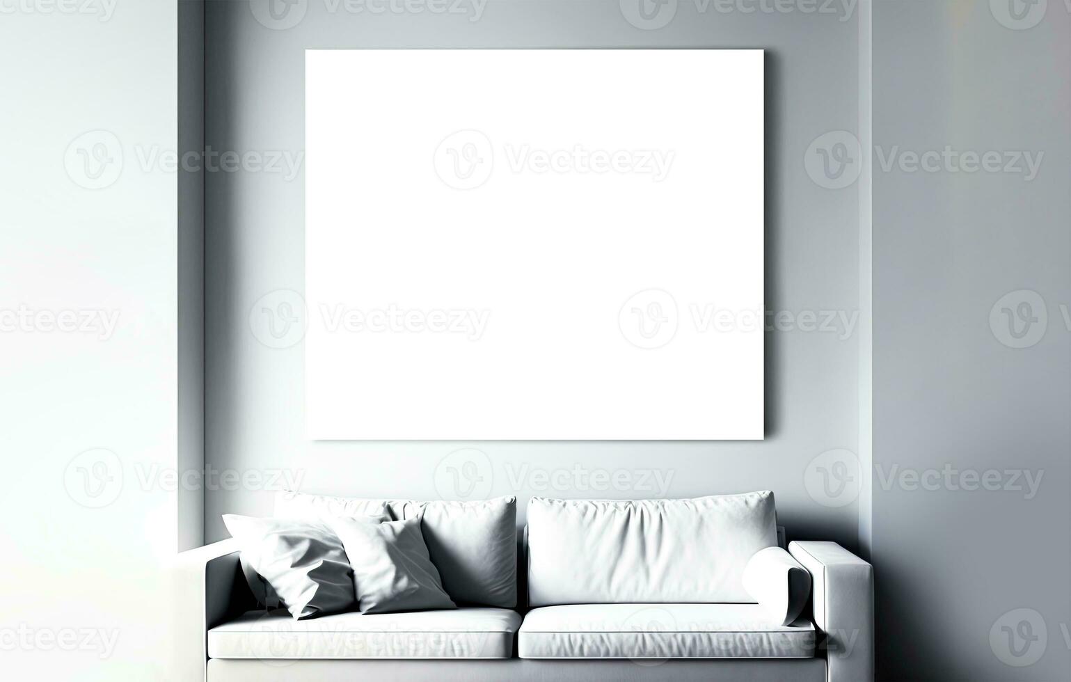 3D Render of Blank Square Canvas or Frame Mockup On Interior Wall, Cushions And Lounger Sofa. photo