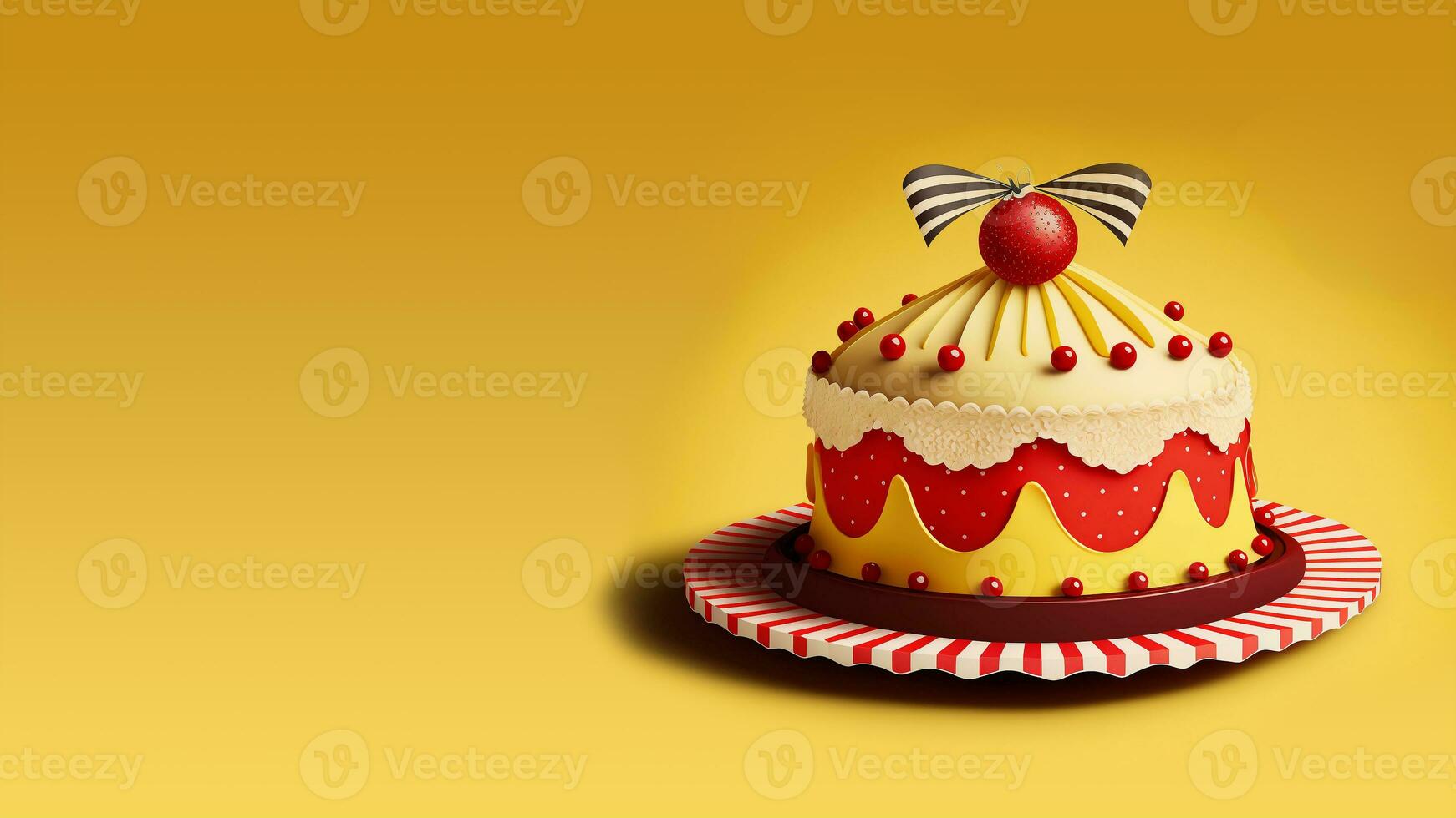 3D Render, Beautiful Colorful Cake of Amusement Park Theme Against Yellow Background. photo