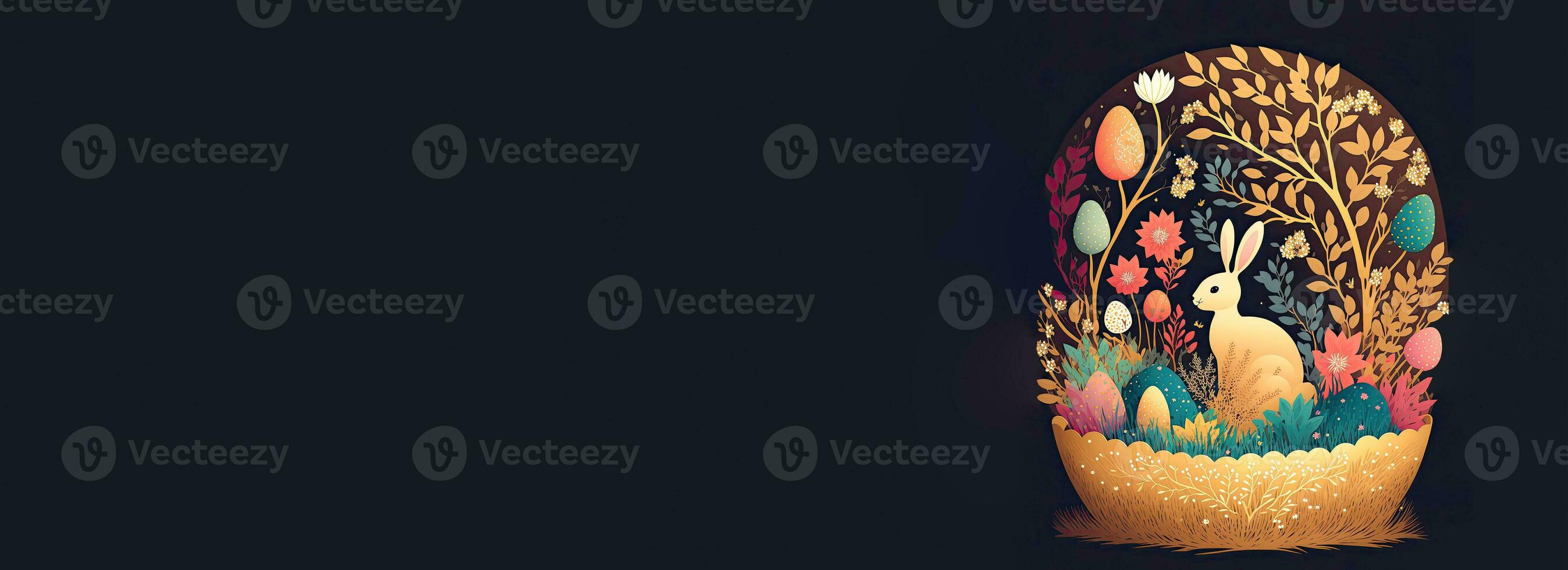 Flat Style Glowing Cute Bunny Sitting Floral Basket On Purple Background And Copy Space. Happy Easter Day Concept. photo