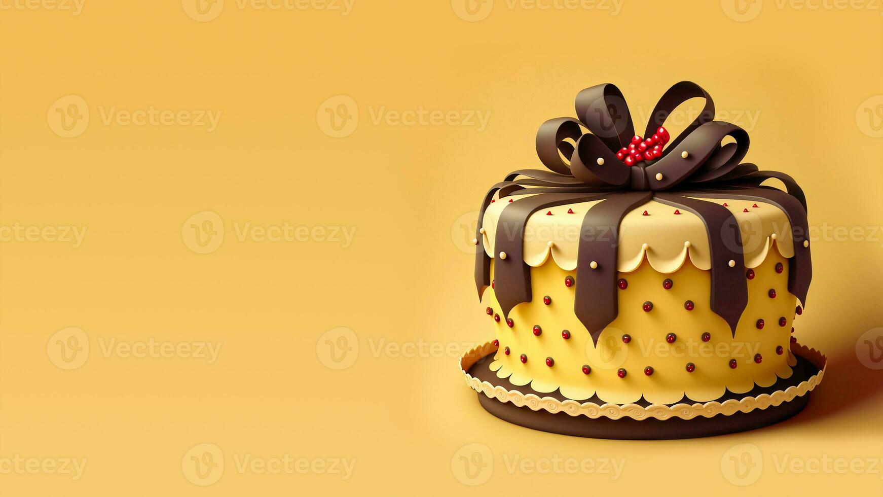 3D Render, Beautiful Colorful Cake With Chocolate Loopy Bow. photo