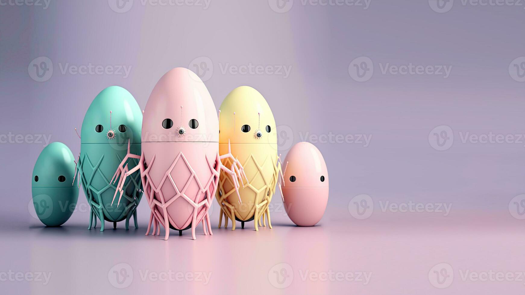 3D Render of Robotic Egg Shapes On Pastel Purple Background. Happy Easter Day Concept. photo