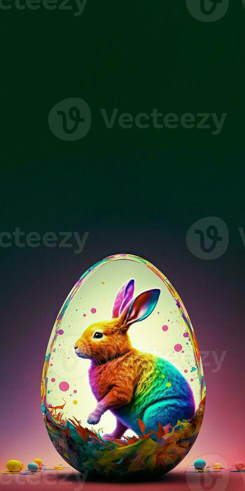 3D Render of Rainbow Rodent Rabbit Character Inside Egg Against Green And Pink Background And Copy Space. Happy Easter Day Concept. photo