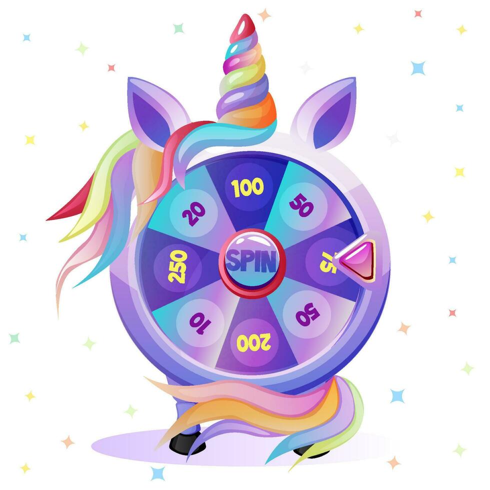 Wheel of fortune in the form of a unicorn for 2D game. Fortune spin. vector