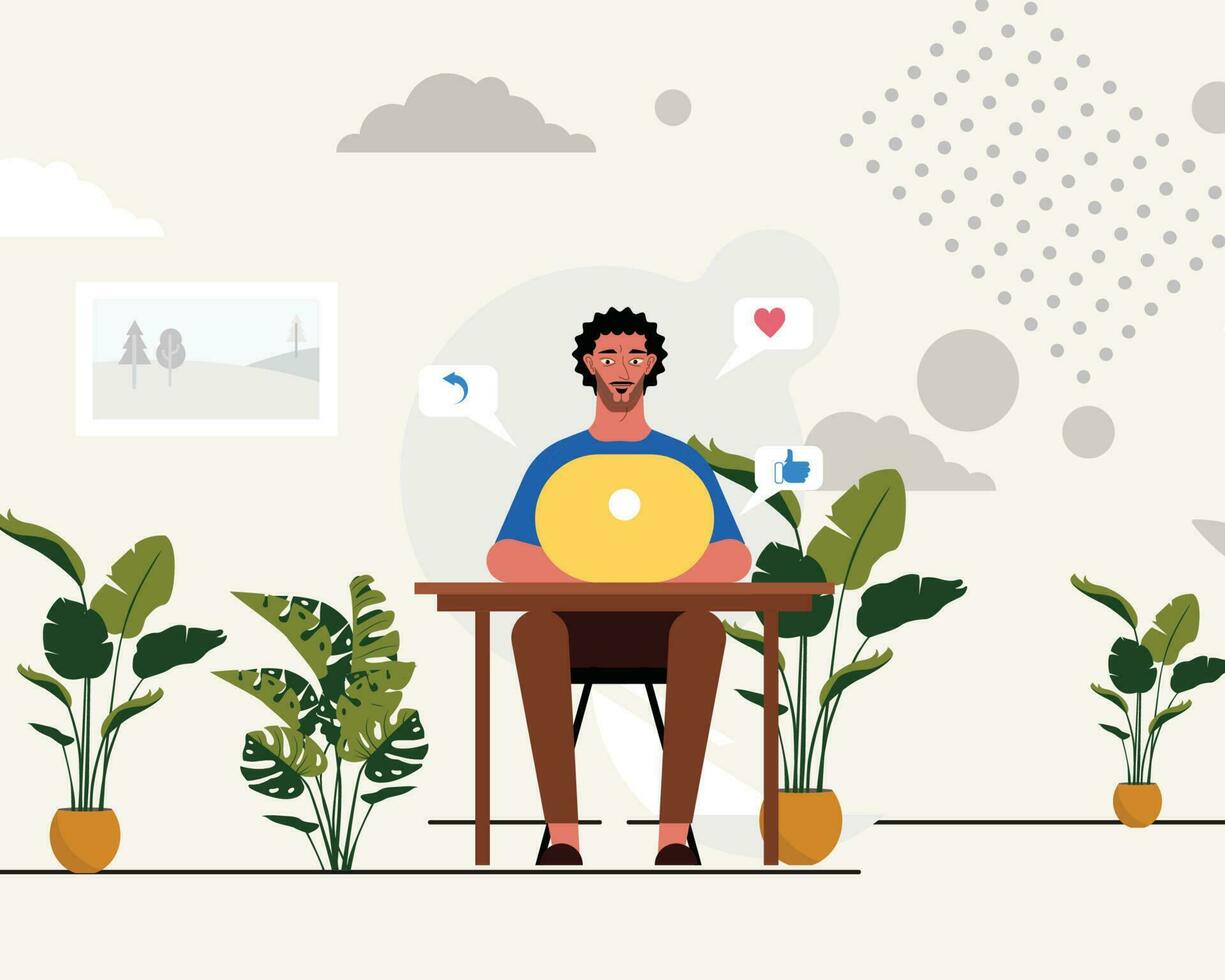 Working at home, guy with laptop coffee cup and books on table and plant room, people at home in quarantine vector