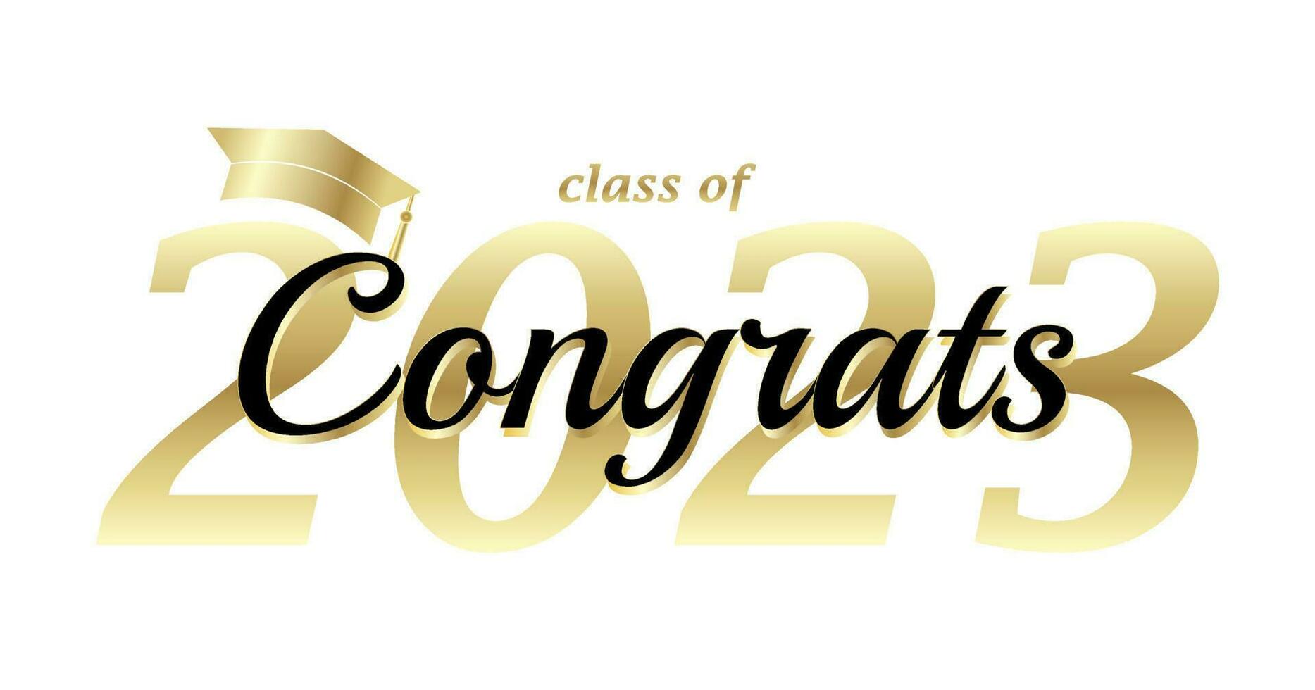 Congratulations graduates class of 2023, black text, gold, graduation cap, isolated white background, banner, graduation card vector