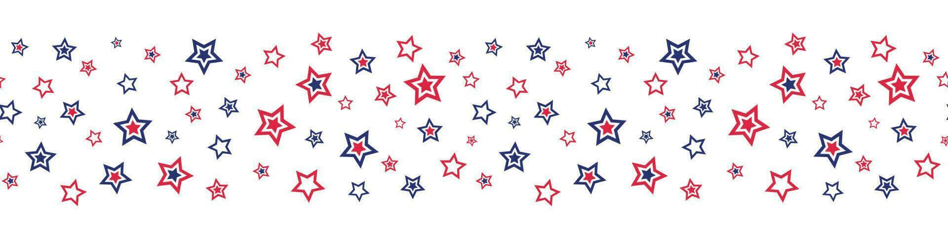 Patriotic seamless border with red and blue stars for 4th of July holiday. Vector illustration. Isolated on white background.