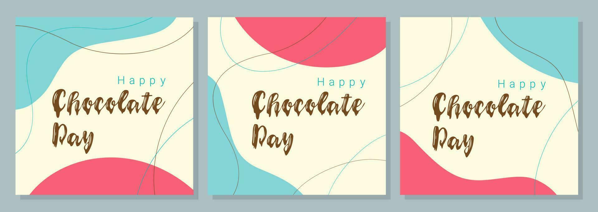 Posters happy world chocolate day, blue and pink background boho style, banners set. vector