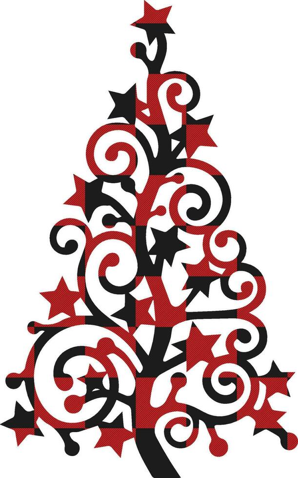 Christmas trees set with Buffalo plaid ornament in red Tartan plaid for festive background. Design for greeting card, pattern, banner. Vector flat illustration.