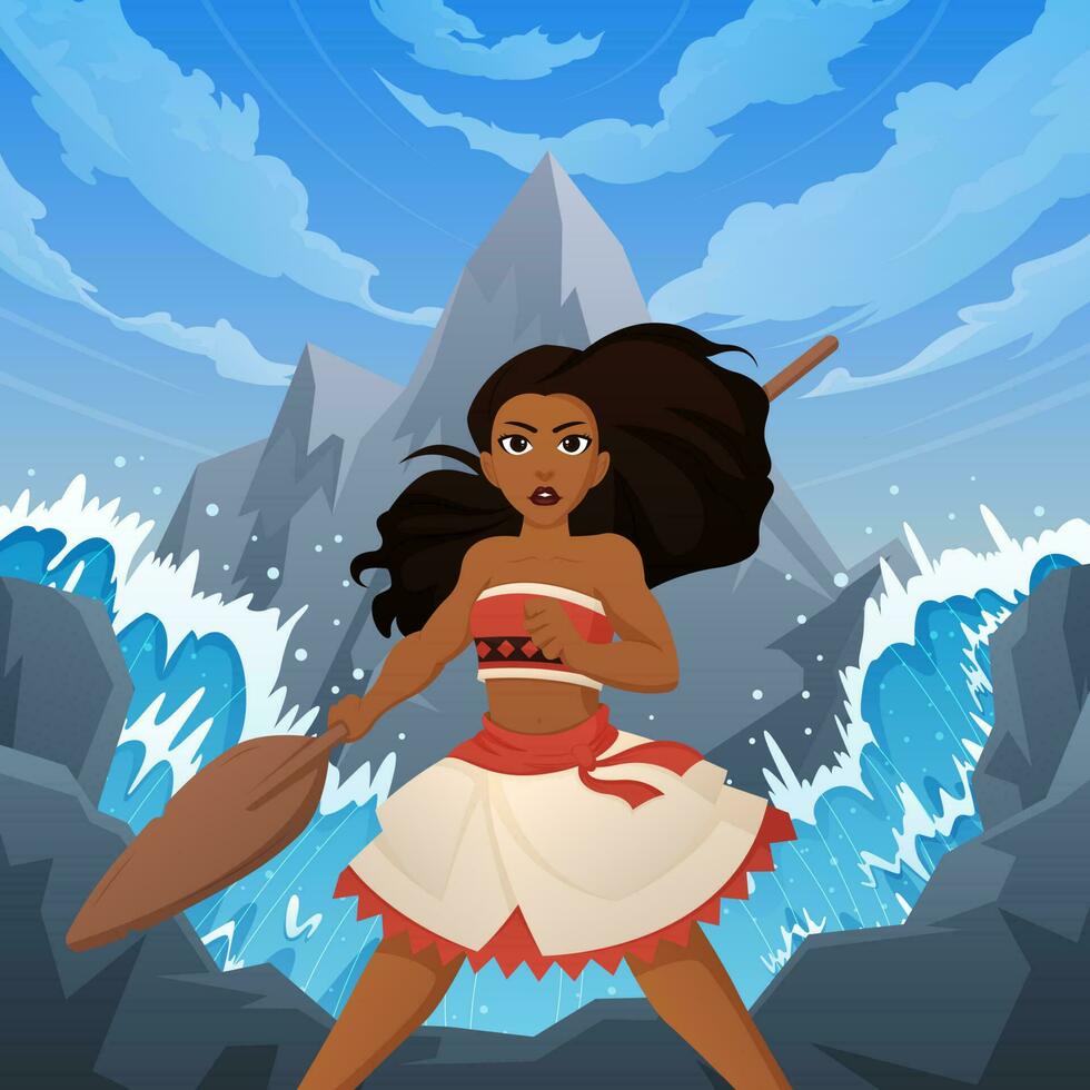 Hawaiian Girl Holding Paddle with The Ocean Waves vector