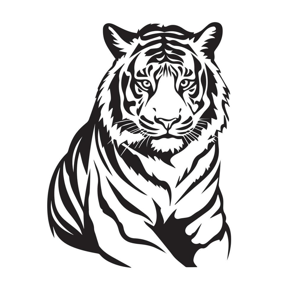 Simple black and white tiger silhouette isolated on white background