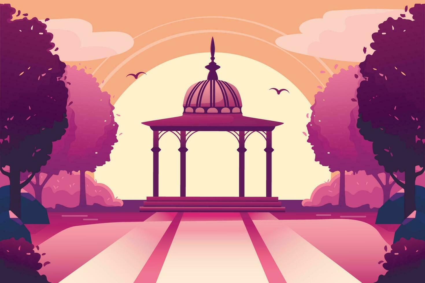 Horizontal landscape of a park in summer or spring at sunset in purple tones with a gazebo in the middle. Empty public place for rest and walks vector