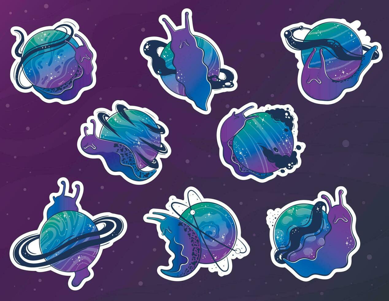 Bundle with stickers with Mystical slug snails with a space planet instead of a shell-house vector