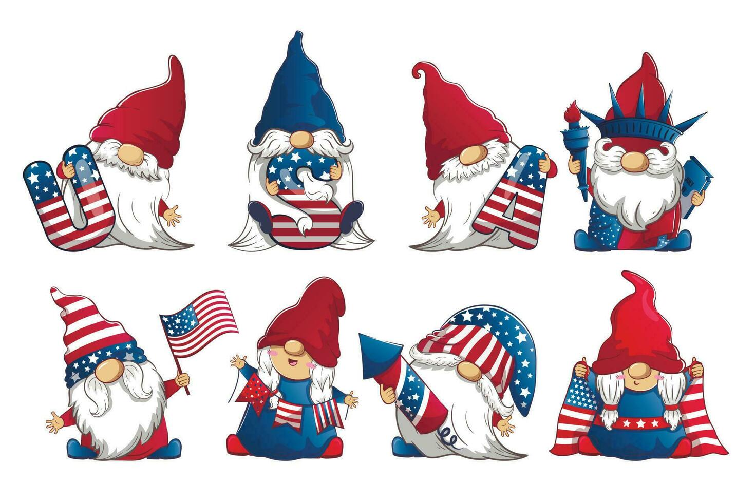 Bundle with cute patriotic leprechauns 4th July independence day. vector