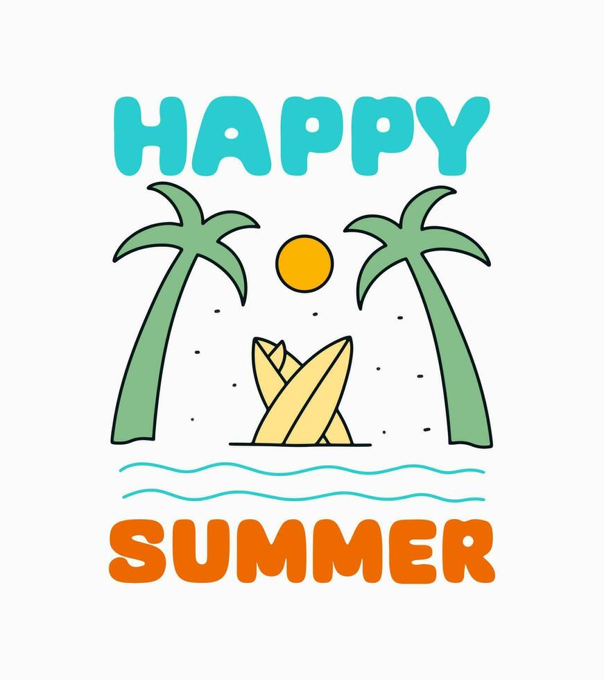 Happy summer with twin coconut and surfboard design vector for t-shirt, badge, sticker, etc