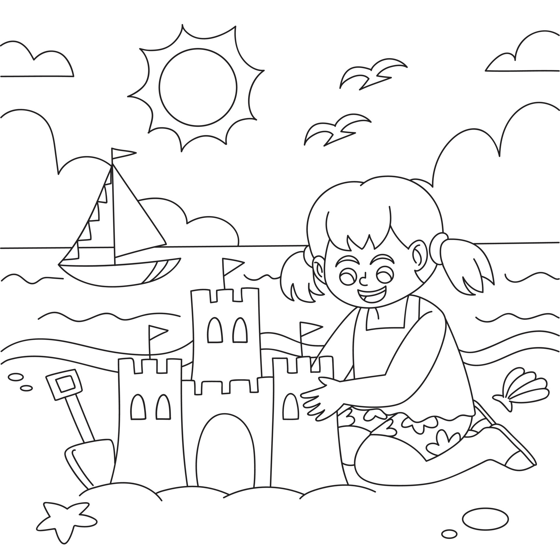 Girl making sand castle summer holiday coloring page vector